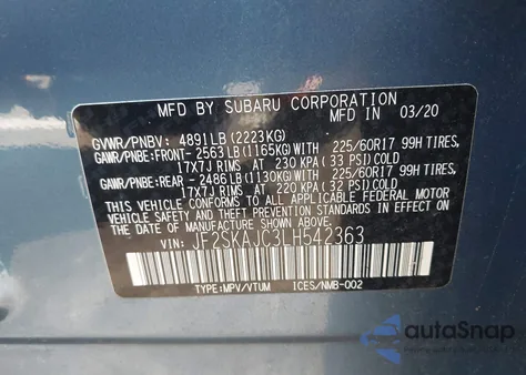 2020 Subaru Forester Premium z USA, uszkodzony, nr VIN JF2SKAJC3LH542363